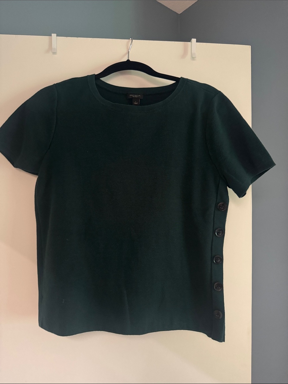 Ann Taylor Factory Forest Green Short Sleeve Crew Sweater with Side Buttons